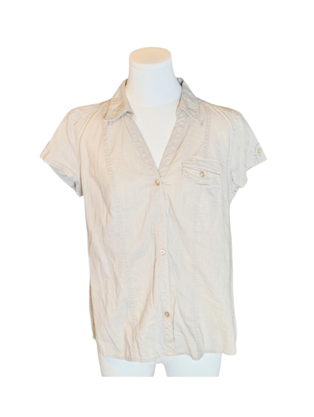 Sonoma Linen and Cotton Cream Safari Shirt With Cuffed Sleeves Size Medium